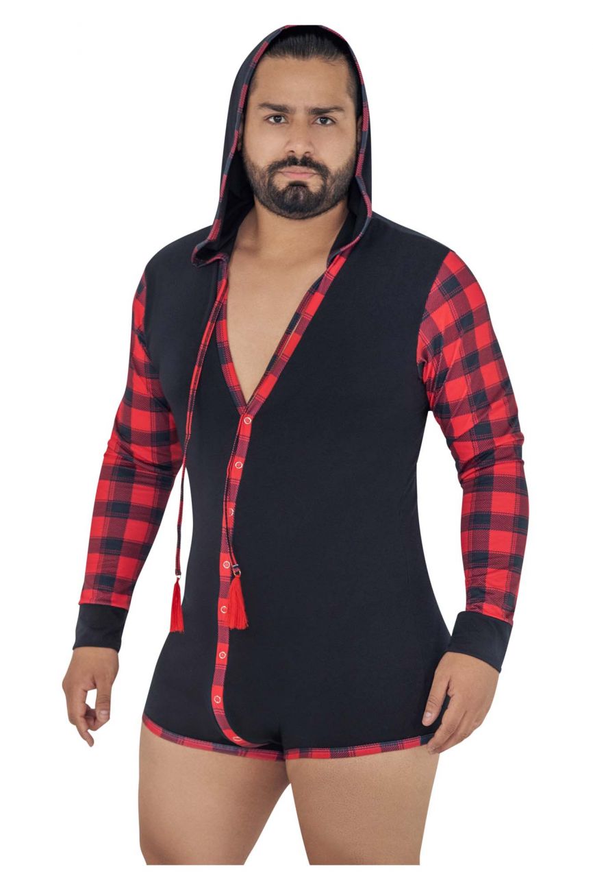 CandyMan 99575X Hoodie Bodysuit Black & Red Plus Sizes