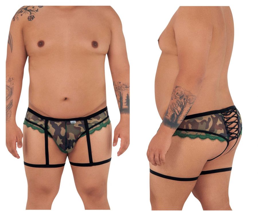 CandyMan 99580X Garter Camo Thongs Green Plus Sizes