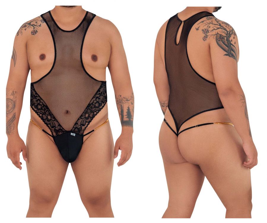 CandyMan 99584X Mesh-Lace Bodysuit Black Plus Sizes