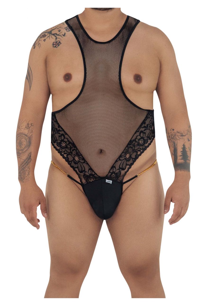 CandyMan 99584X Mesh-Lace Bodysuit Black Plus Sizes