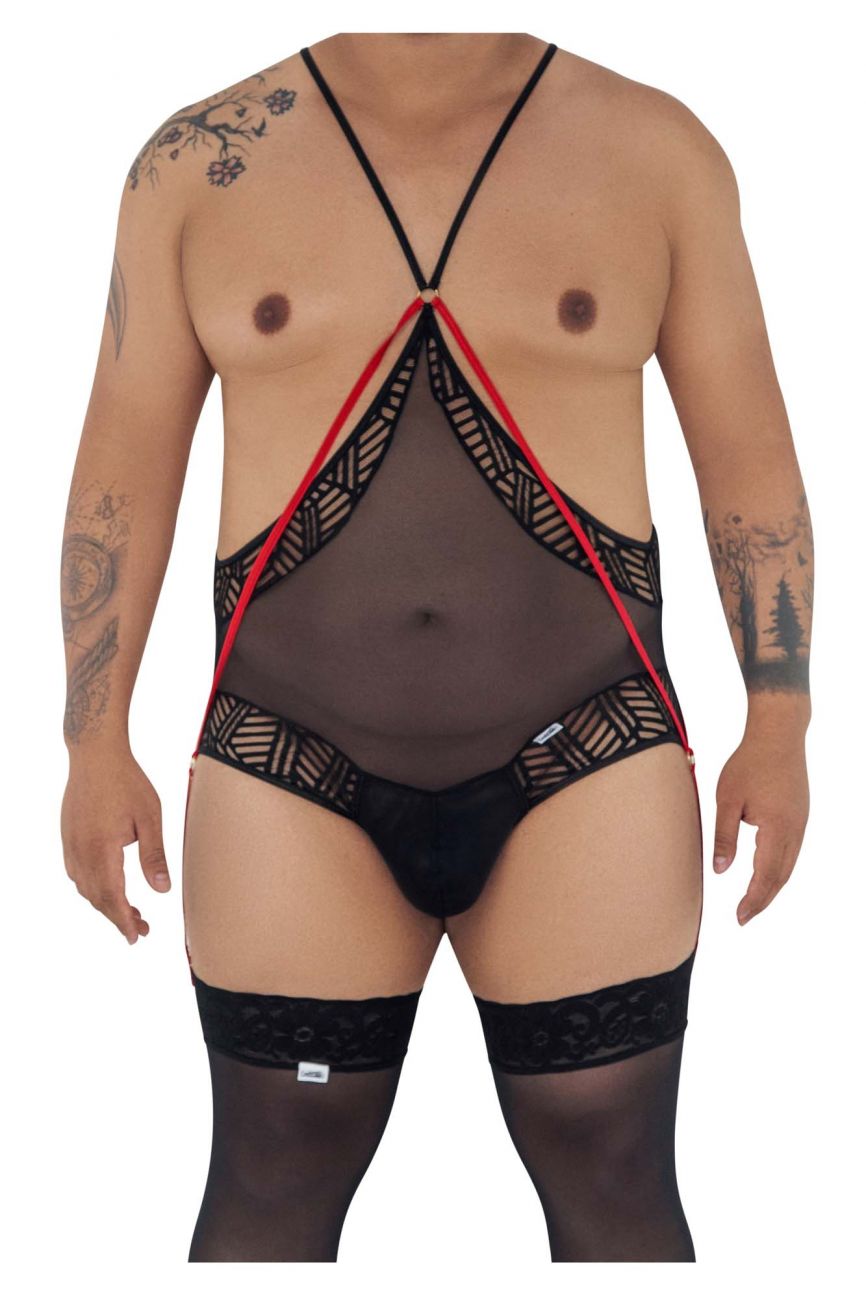 CandyMan 99585X Mesh-Lace Bodysuit Black Plus Sizes