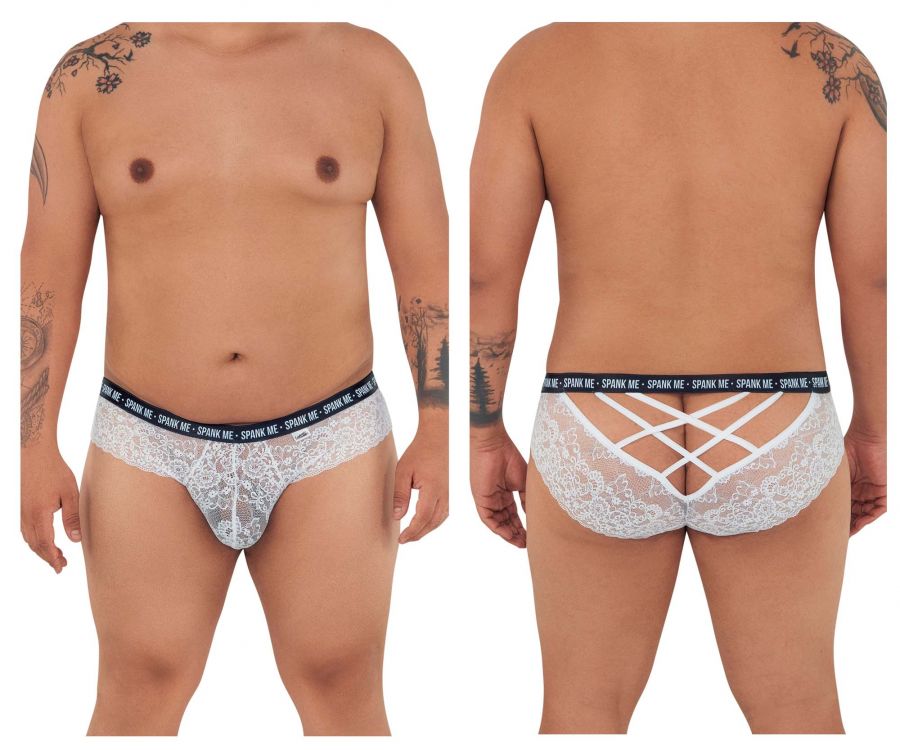 CandyMan 99615X Spank Me Lace Briefs White Plus Sizes