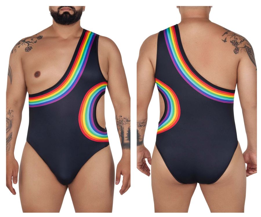 CandyMan 99702X Rainbow Bodysuit Black Plus Sizes