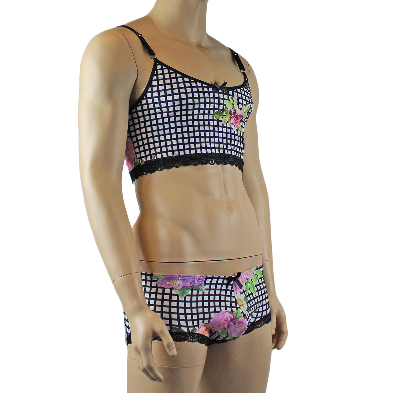 Mens Diana Camisole Top & Boxer Briefs in a Pretty Flower Checkered Print Spandex