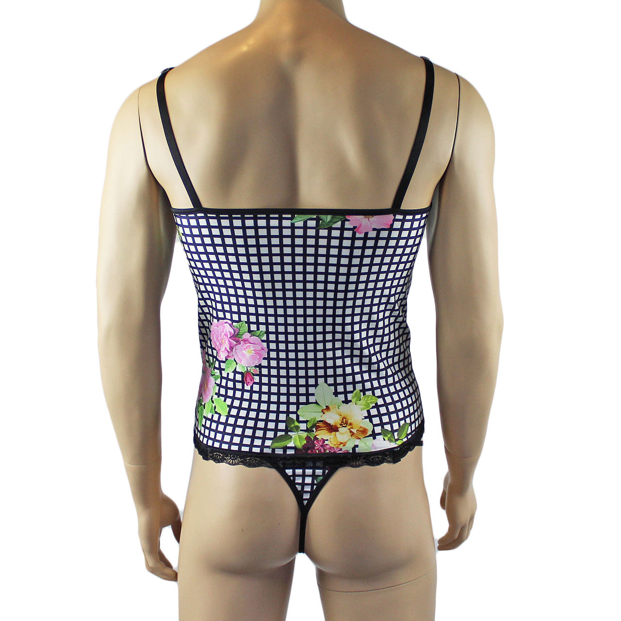 Mens Diana Camisole Corset Top & G string in a Pretty Flower Checkered Print Spandex