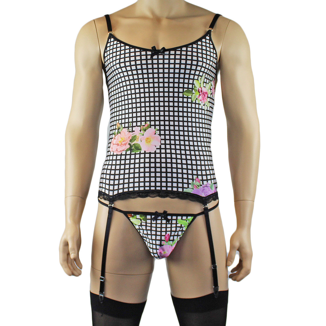 Mens Diana Camisole Corset Top & G string in a Pretty Flower Checkered Print Spandex
