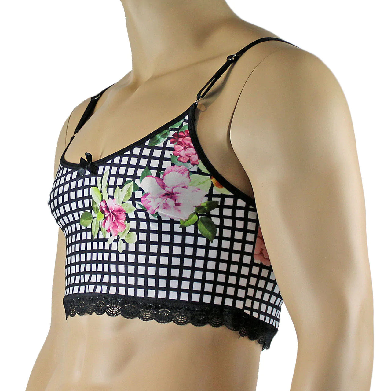 SALE - Mens Diana Camisole Top in a Pretty Flower Checkered Print Spandex