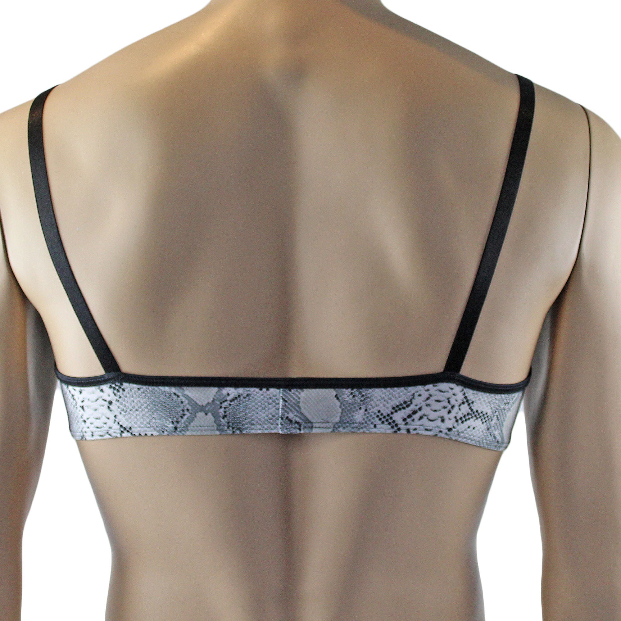 Mens Grey Snake Print & Black Lace Mens Bra Top, Thong, Garter & Stockings