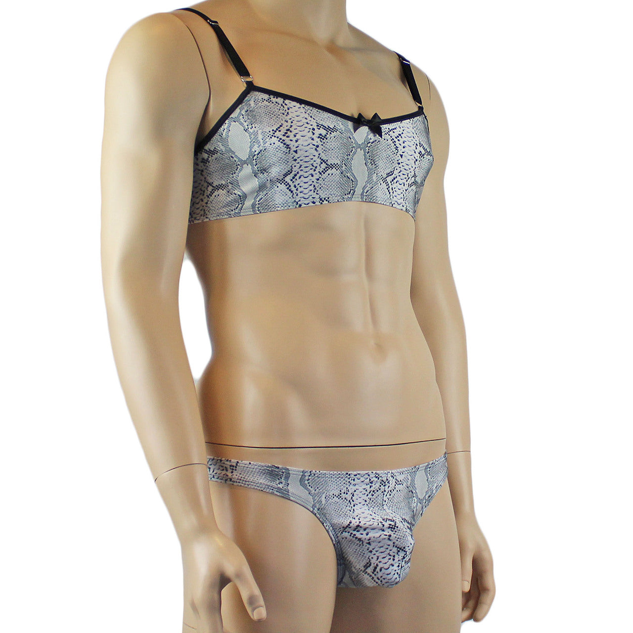Mens Bra Grey Snake Print Bra Top for Males & Thong