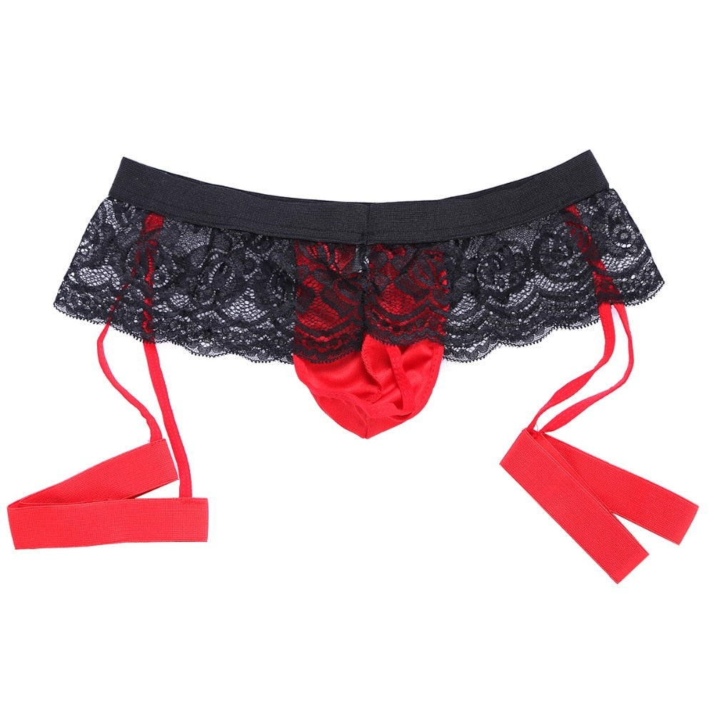 Mens Sissy Garterbelt Thong Black and Red