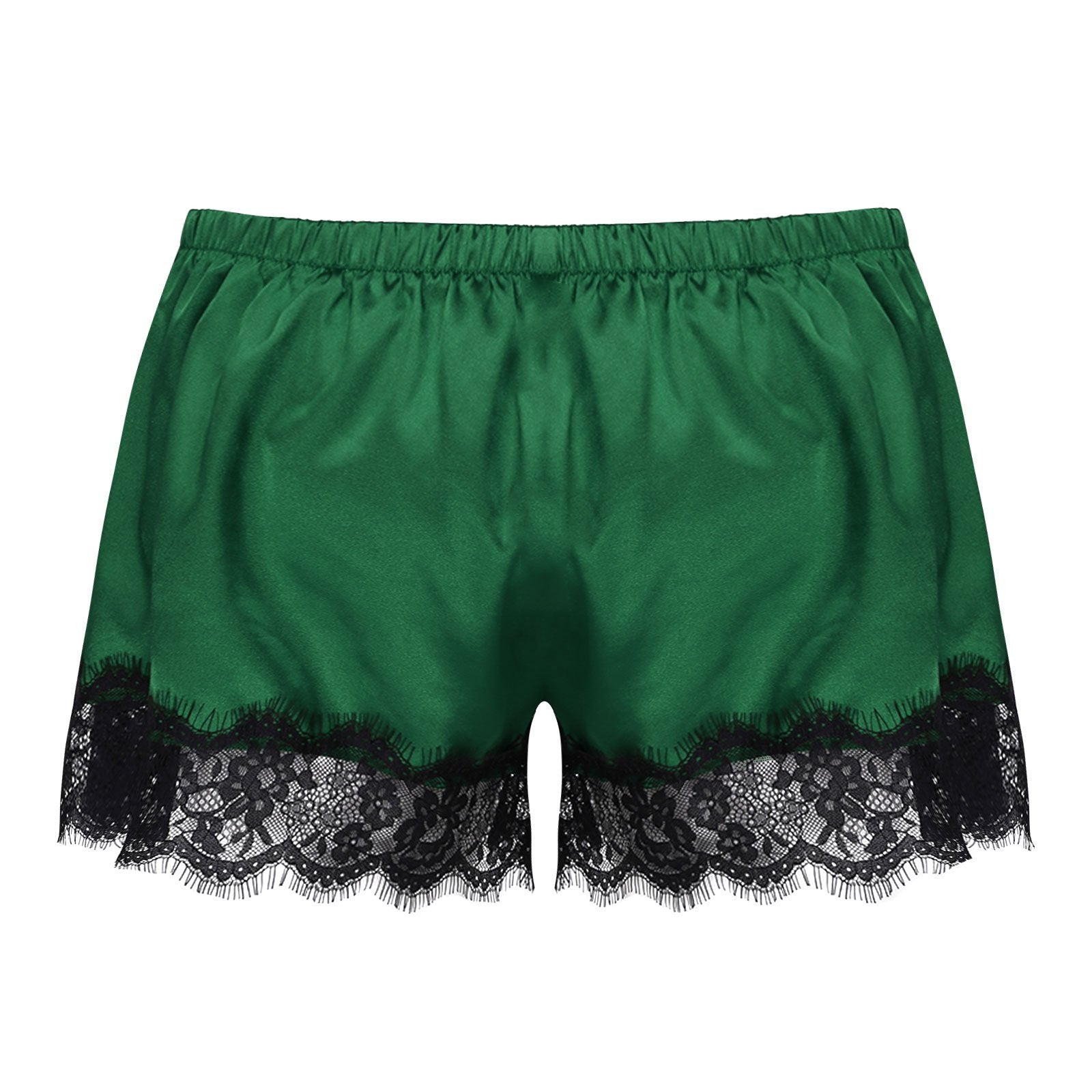 Mens Sissy Silky Satin Boxer Shorts with Lace Green