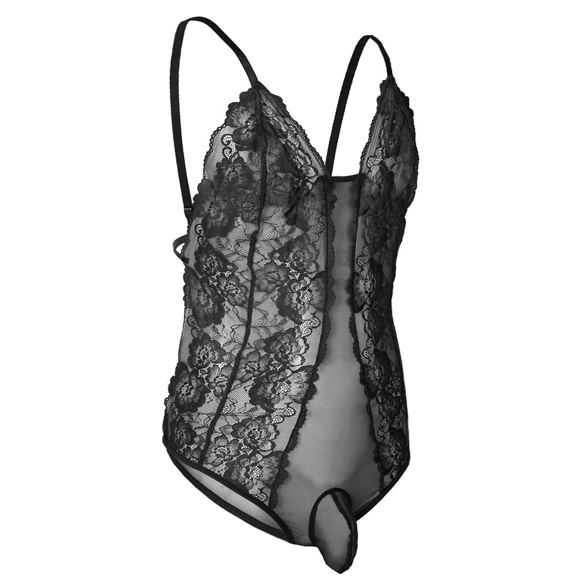 JCSTK - Mens Femme IF-23973435 Sheer Bodysuit with Lace Trim & Pouch Front Black