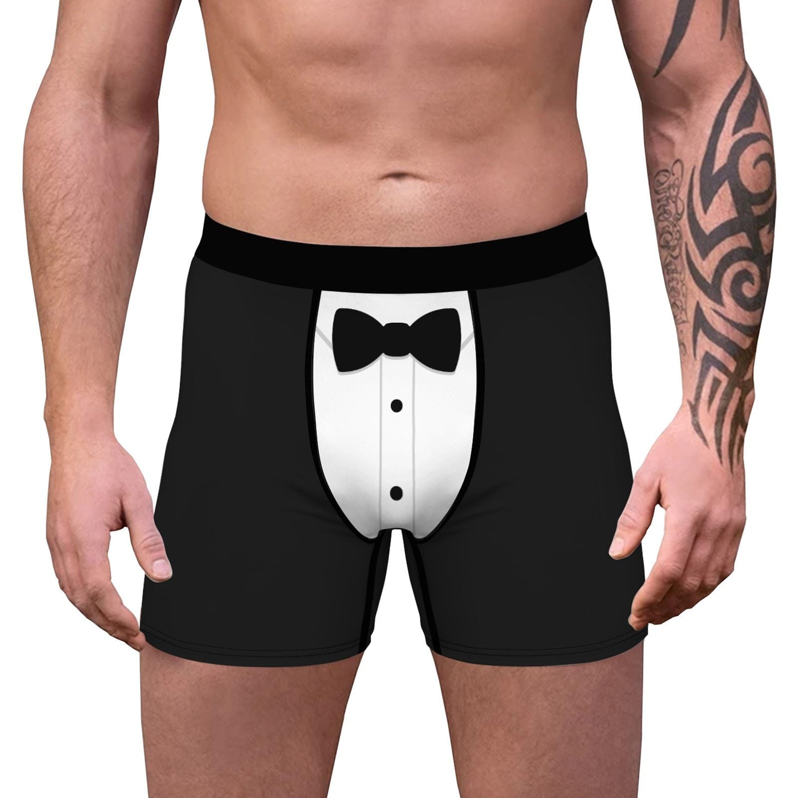 SALE - XMAS GIFT - Mens Christmas Boxer Shorts Printed Holiday Season Tuxedo with Tie Front