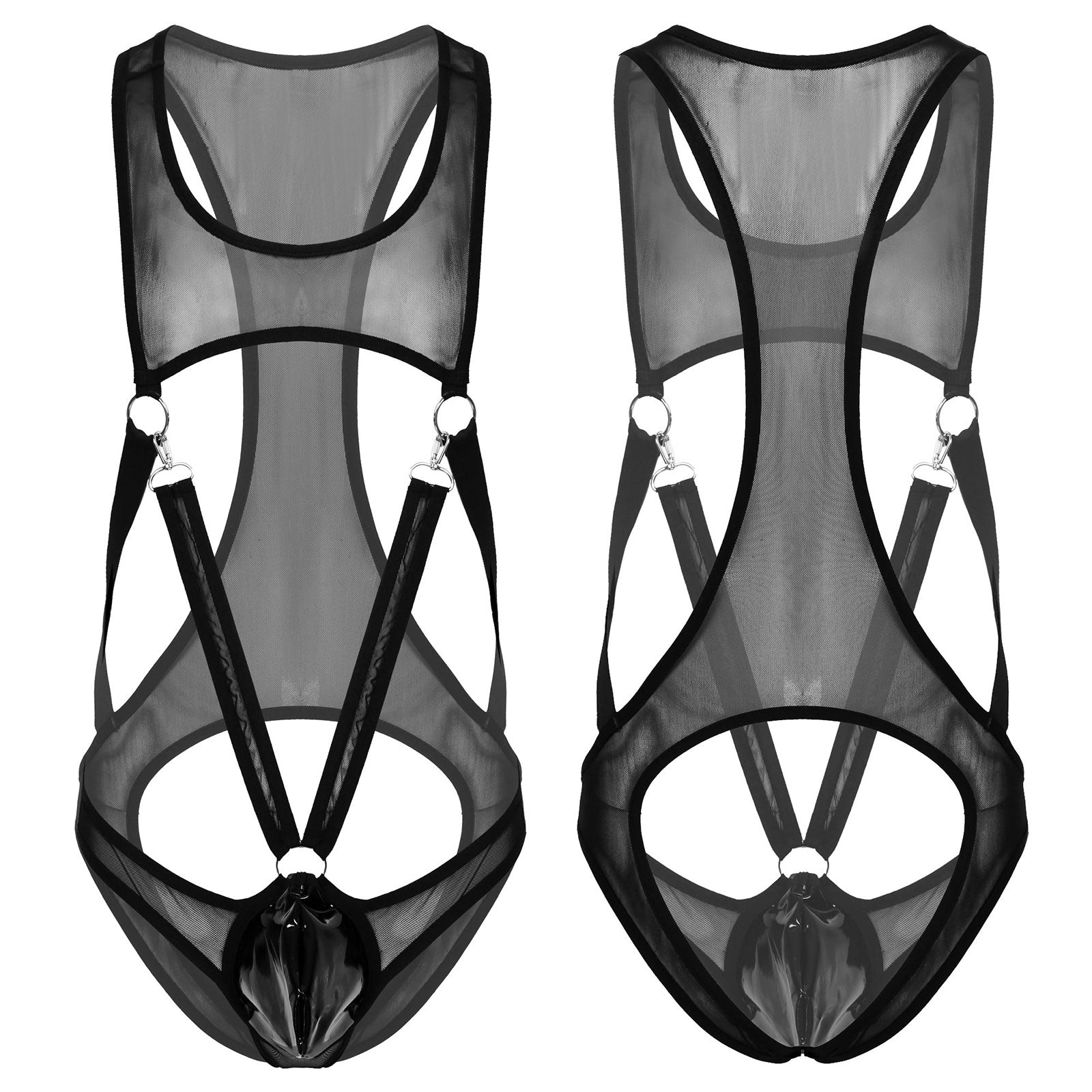 Men See-through Sheer Mesh Bodysuit with Sexy Straps and Rings Black