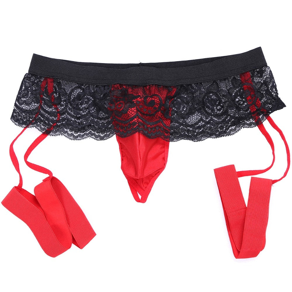 Mens Sissy Garterbelt Thong Black and Red