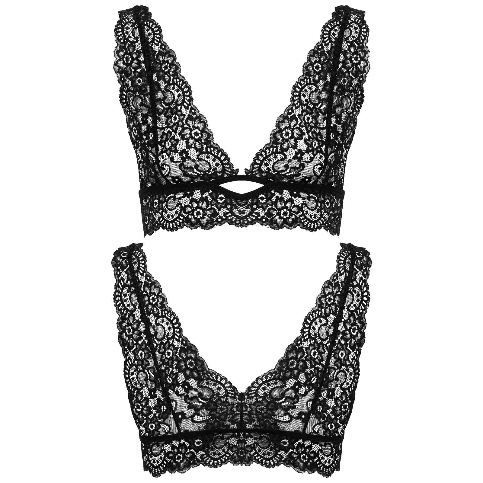 Mens Sissy Deep V Neck Floral Lace See-through Bralette Crop Top Bra Black