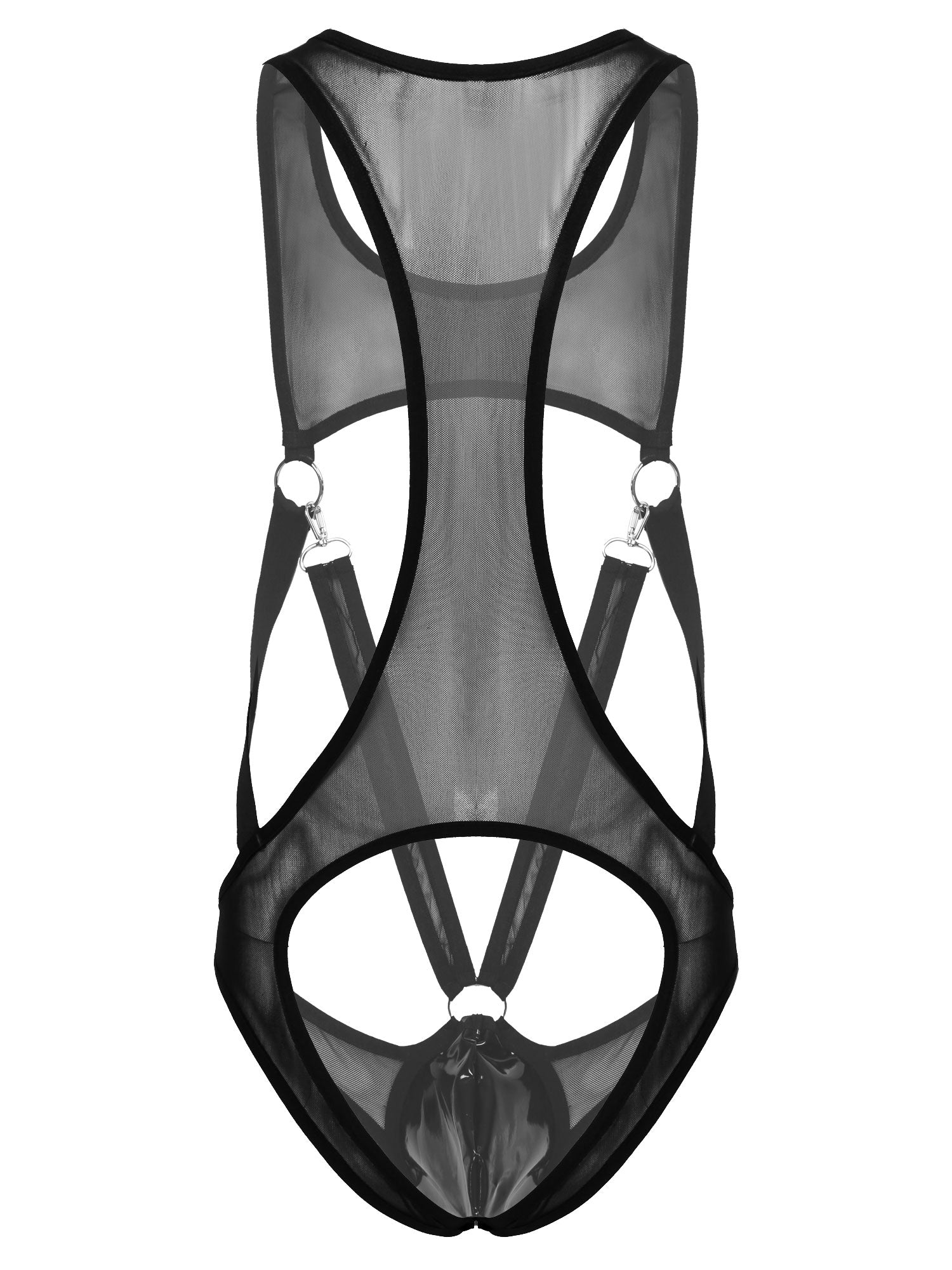 Men See-through Sheer Mesh Bodysuit with Sexy Straps and Rings Black