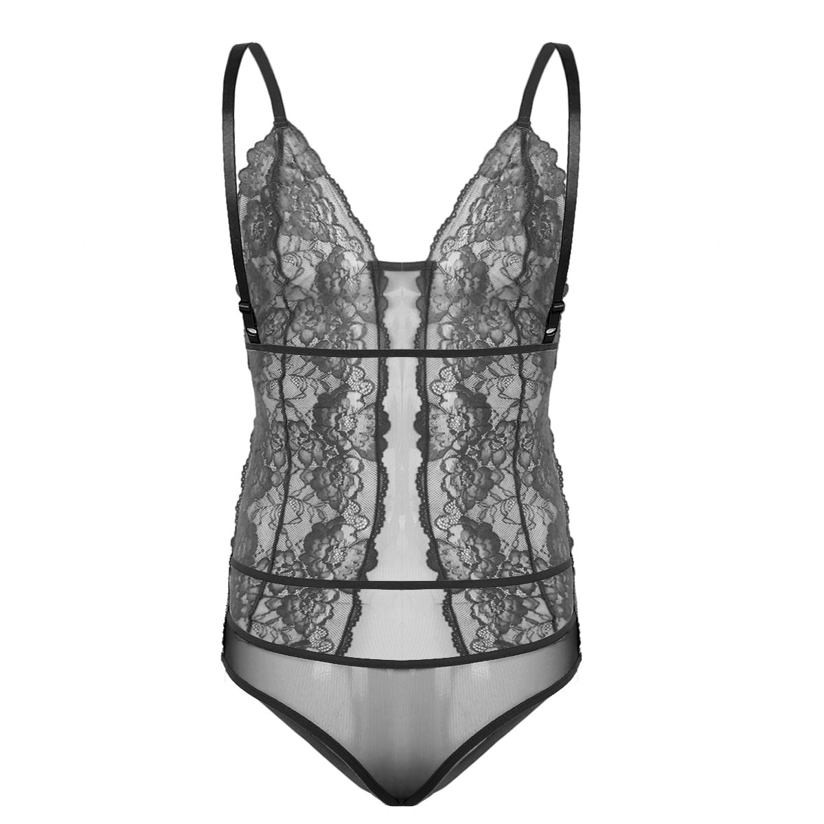JCSTK - Mens Femme IF-23973435 Sheer Bodysuit with Lace Trim & Pouch Front Black