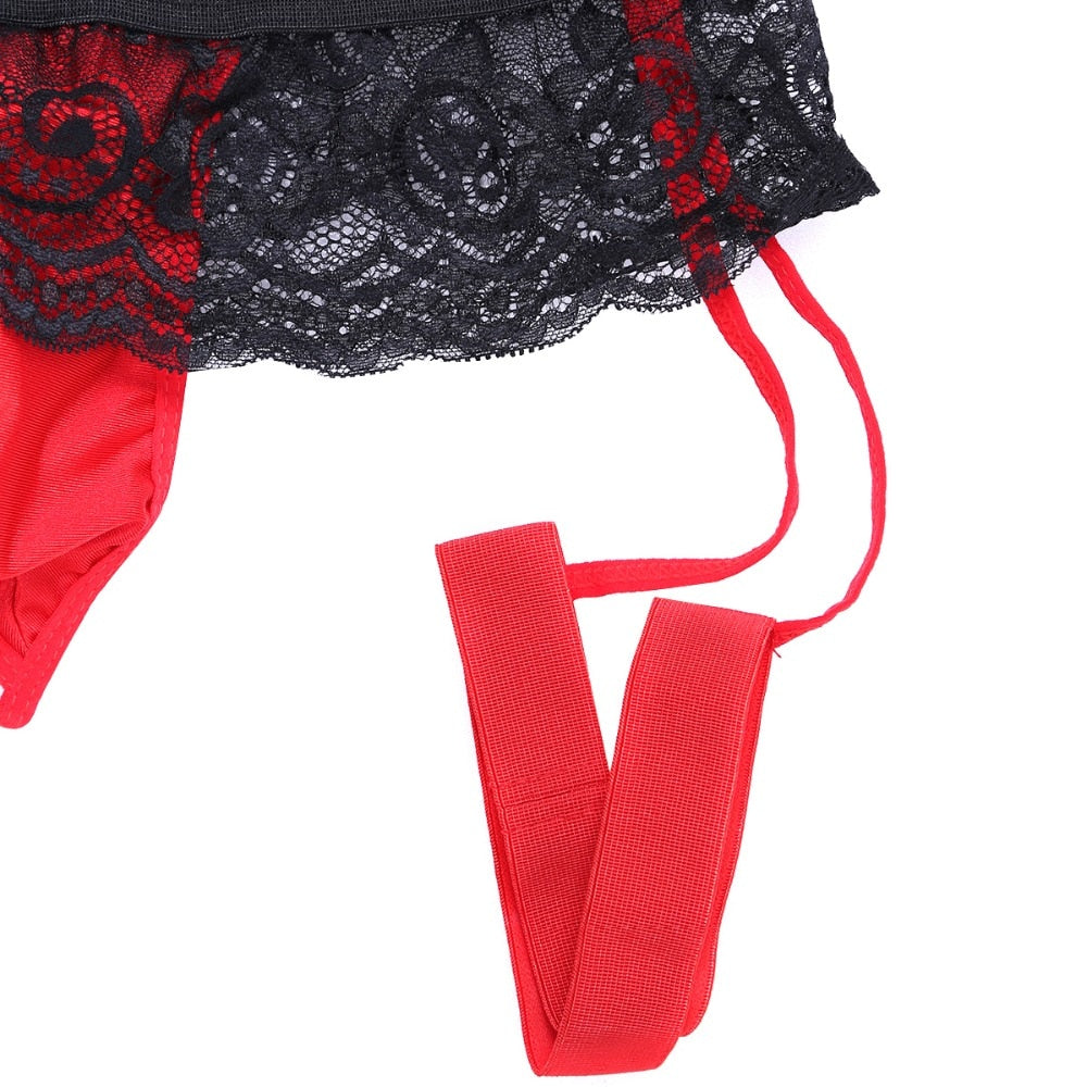 Mens Sissy Garterbelt Thong Black and Red