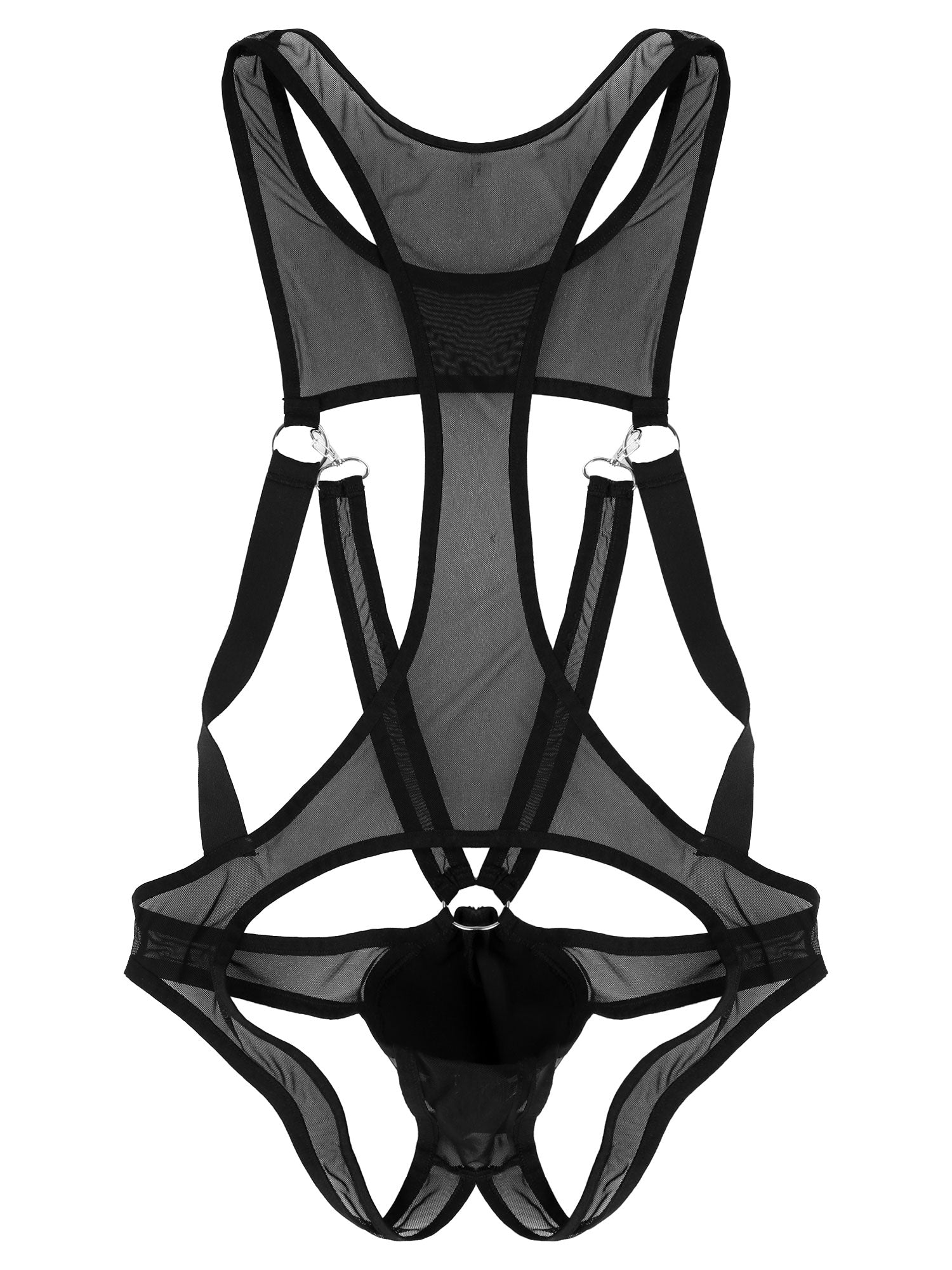Men See-through Sheer Mesh Bodysuit with Sexy Straps and Rings Black