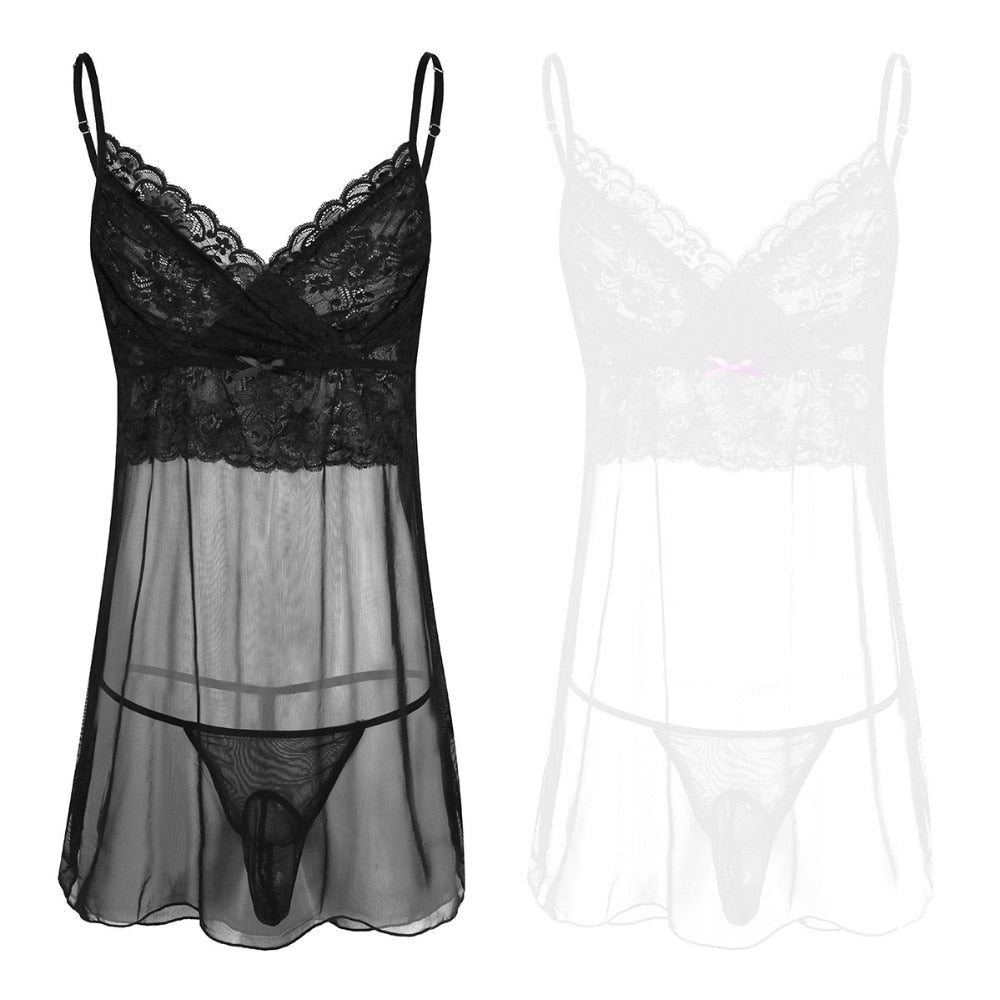 JCSTK - Mens Femme IF-32841328892 Sheer Lacey Babydoll and Pouch G string Black