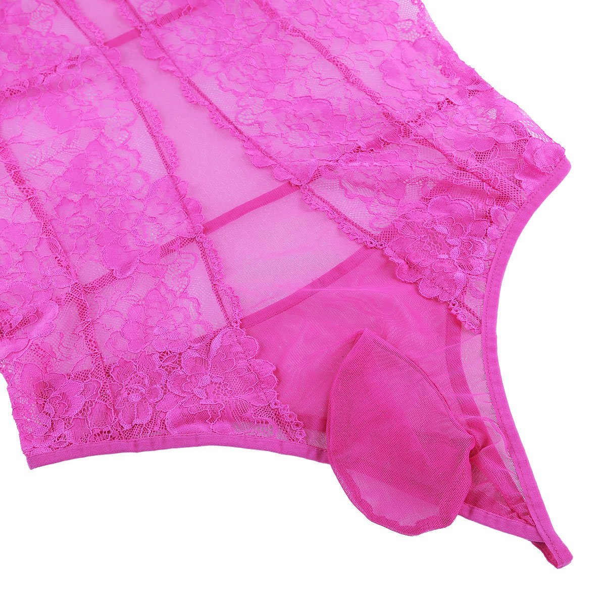 JCSTK - Mens Femme IF-23973435 Sheer Bodysuit with Lace Trim & Pouch Front Rose