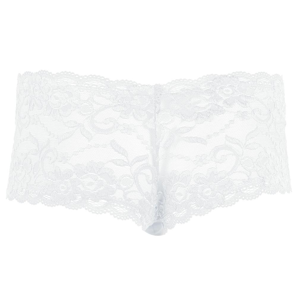 Mens Sissy Lingerie Floral Lace See-through Briefs Panties with Sheath Front White