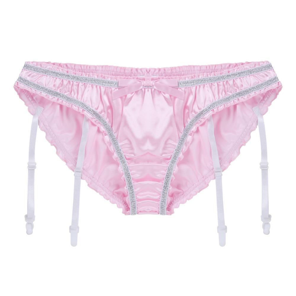 Sexy Mens Lingerie Panties Sissy Satin Panties with Detachable Garters Pink