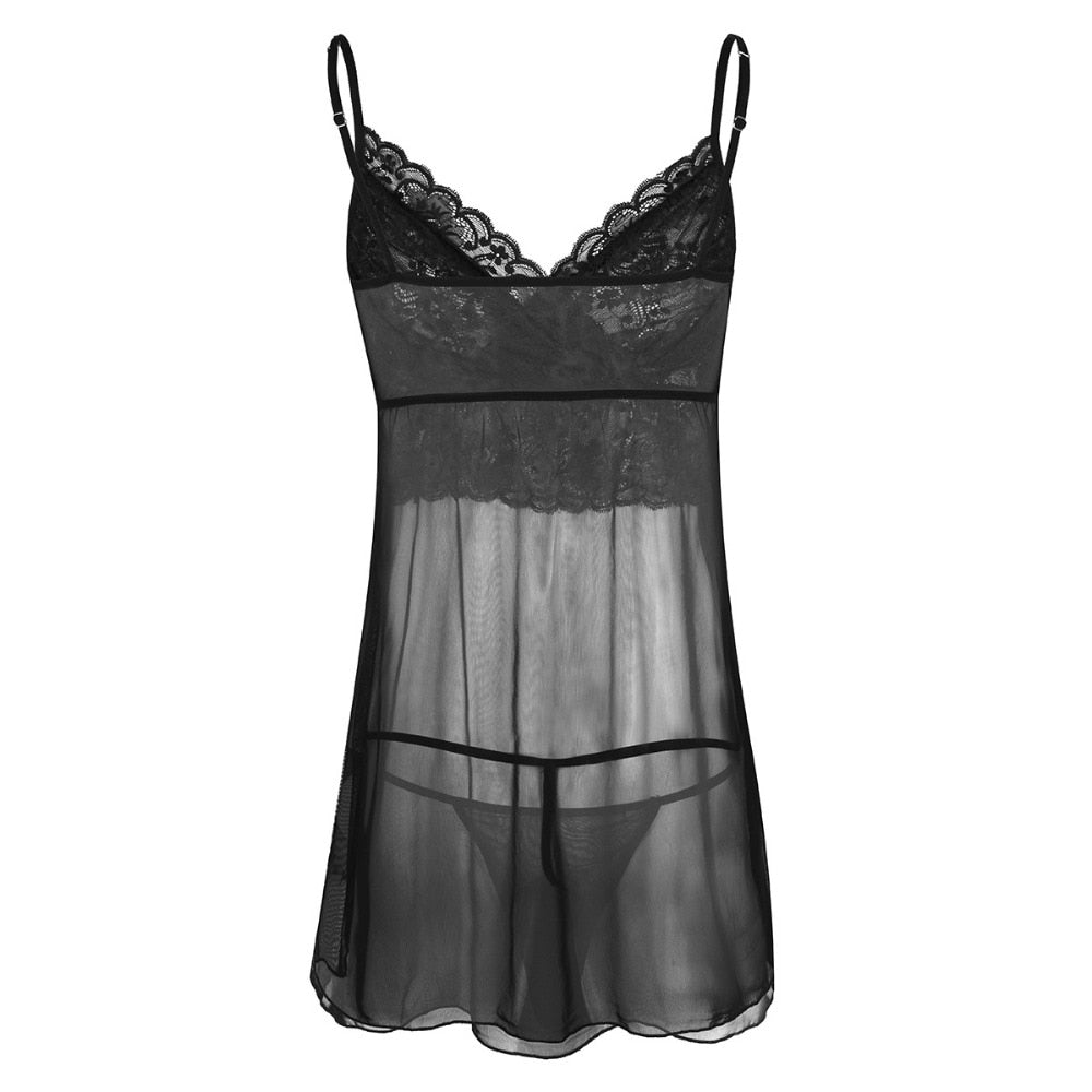 JCSTK - Mens Femme IF-32841328892 Sheer Lacey Babydoll and Pouch G string Black