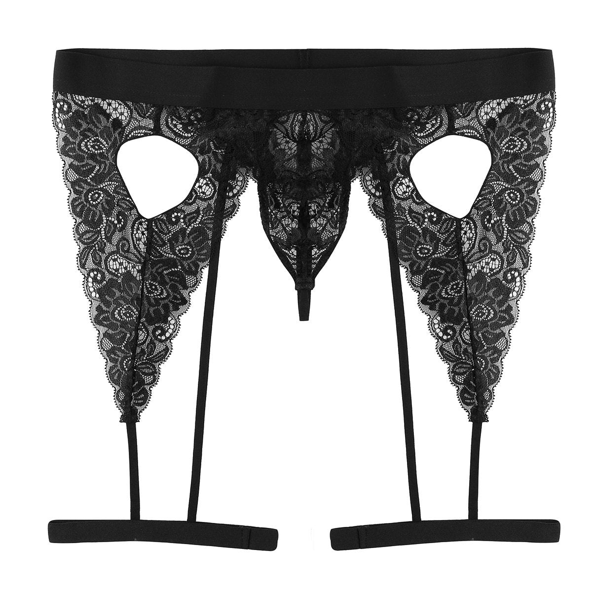 Mens Lingerie See Through Floral Lace Open Butt Bulge Pouch Cutout Love Heart Bikini Black