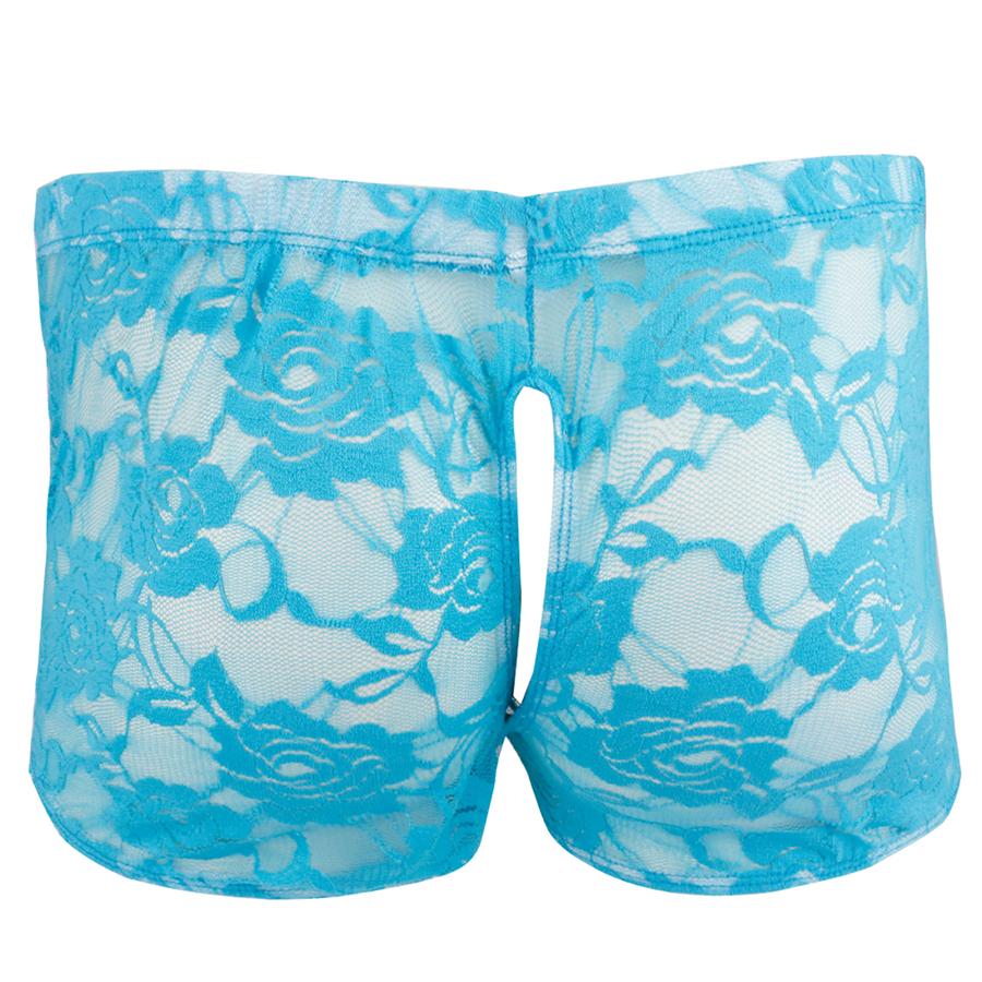 Mens Sissy Lace Peek a Boo Boxer Shorts with Open Front & Back Blue