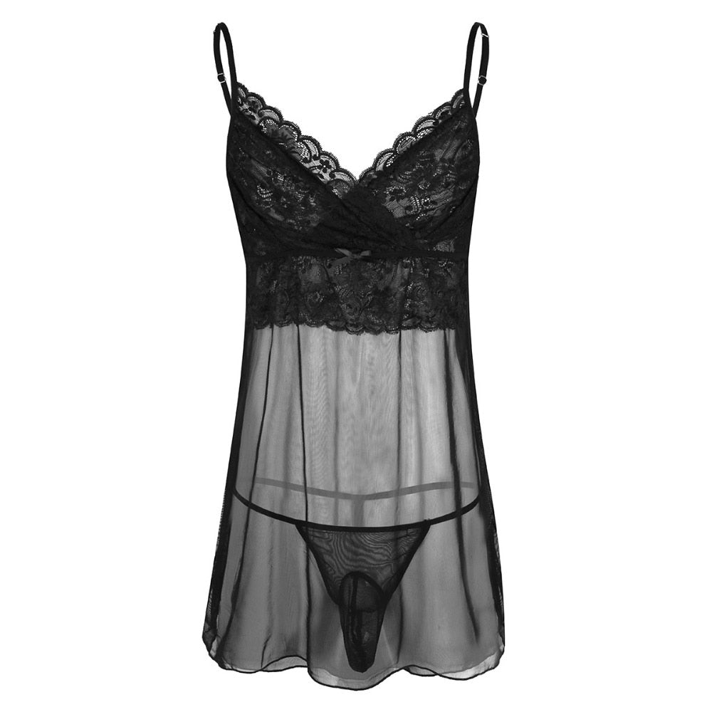 JCSTK - Mens Femme IF-32841328892 Sheer Lacey Babydoll and Pouch G string Black
