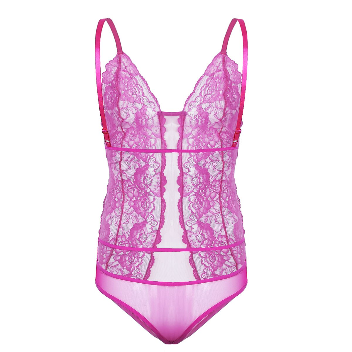 JCSTK - Mens Femme IF-23973435 Sheer Bodysuit with Lace Trim & Pouch Front Rose