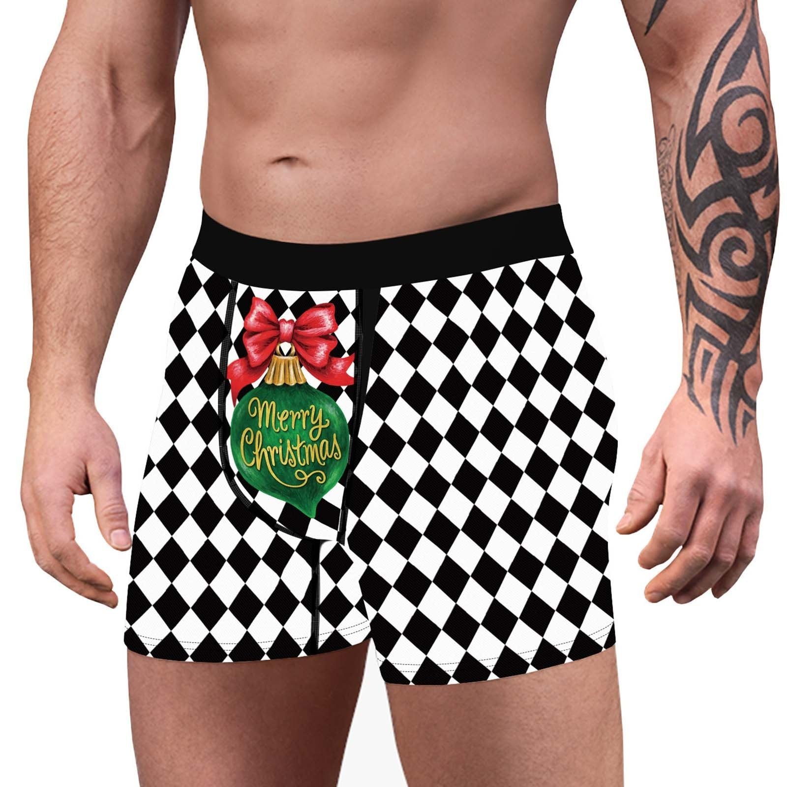 SALE - XMAS GIFT - Mens Christmas Diamond Printed Boxer Shorts with Decorated Pouch Front Black and White