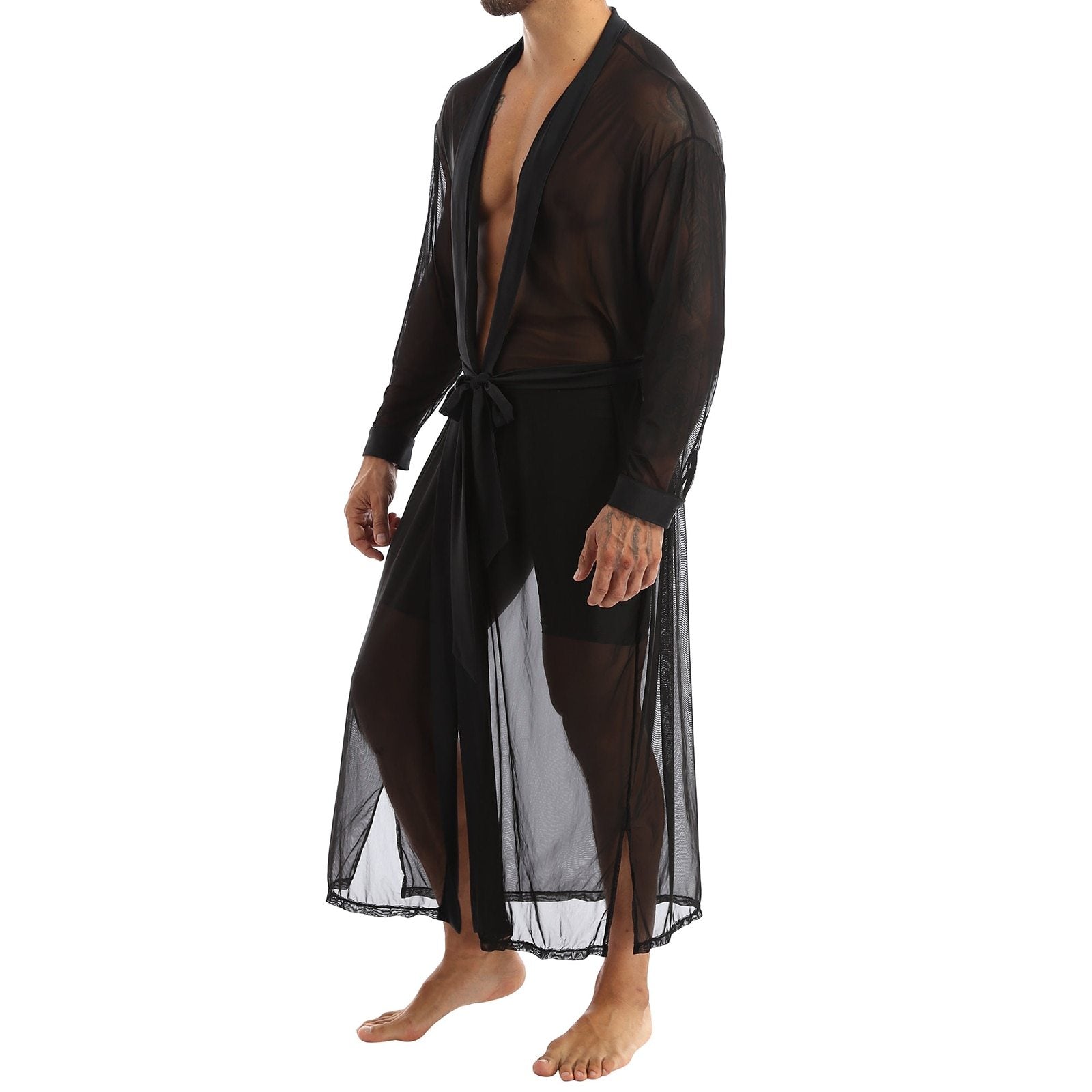 Mens Transparent Sheer Mesh Long Robe, Sleepwear Male Lingerie