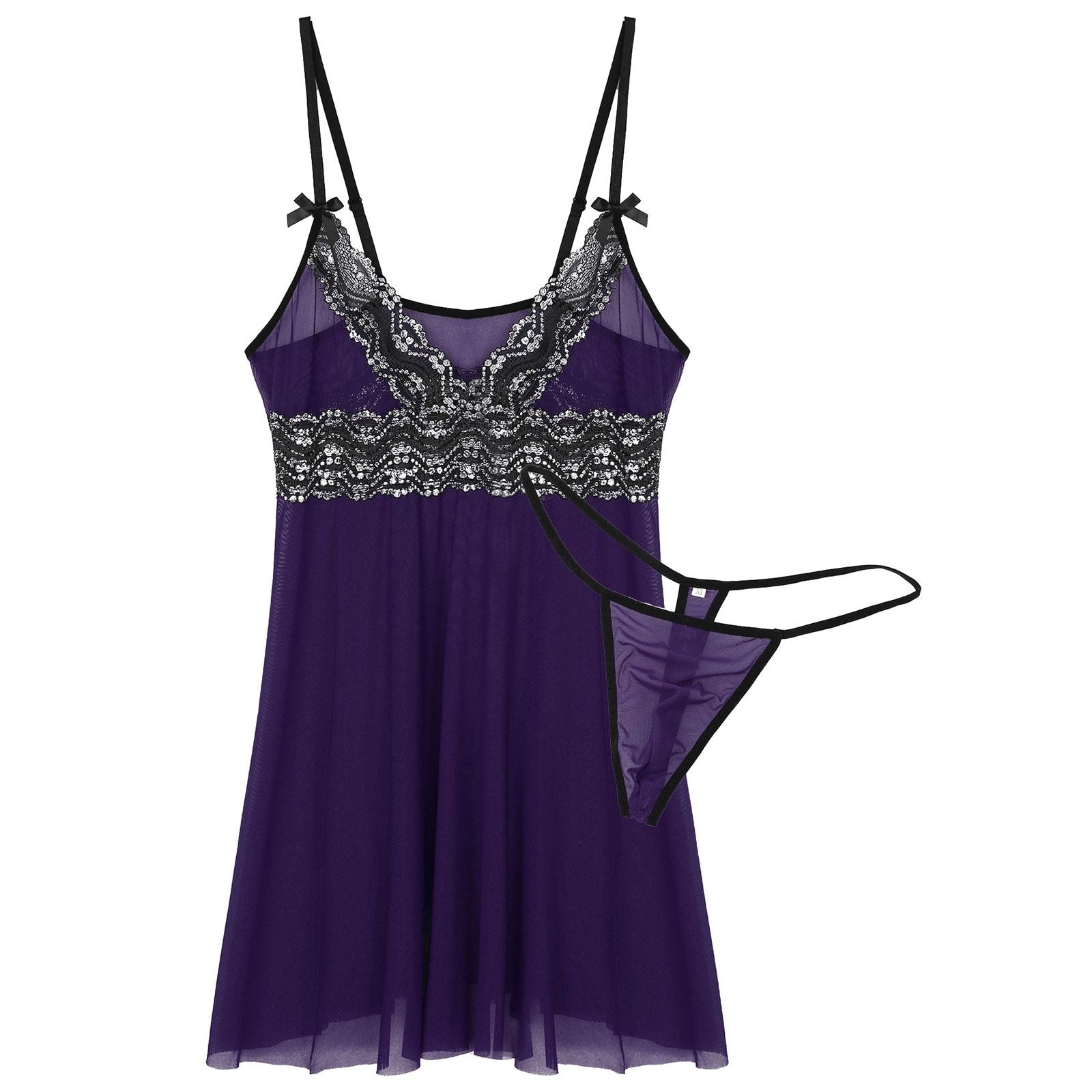 Mens Sissy Sheer Mesh and Lace Babydoll Seepwear Purple
