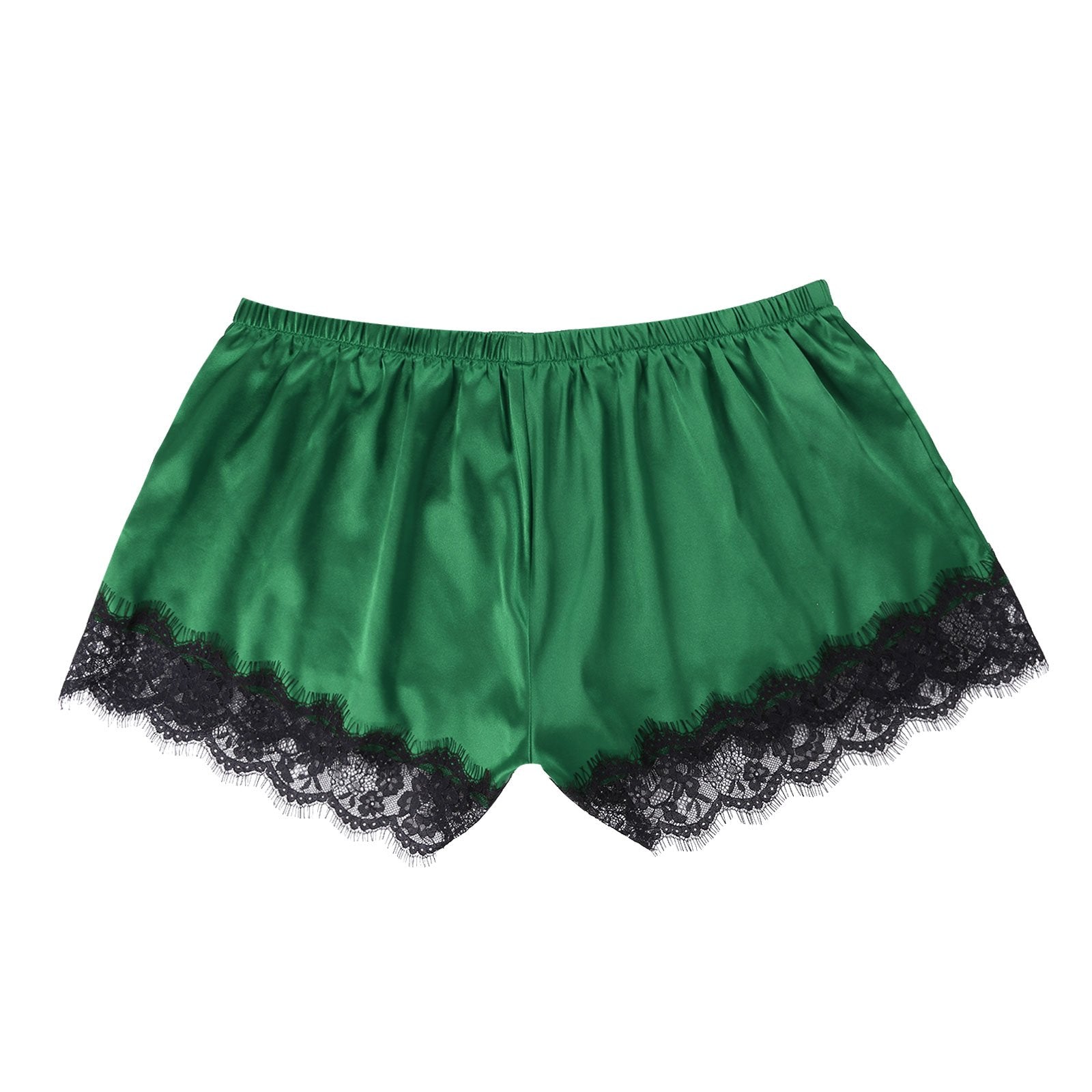 Mens Sissy Silky Satin Boxer Shorts with Lace Green