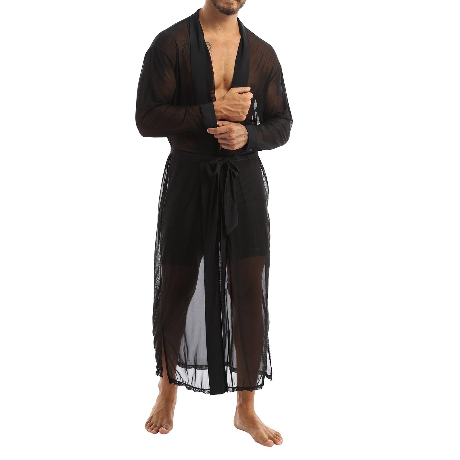 Mens Transparent Sheer Mesh Long Robe, Sleepwear Male Lingerie