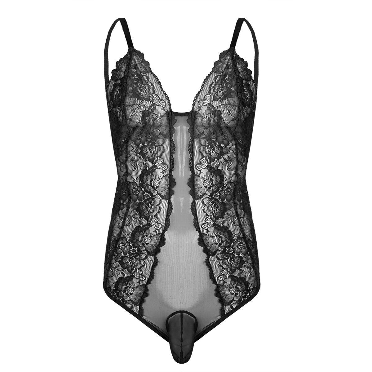 JCSTK - Mens Femme IF-23973435 Sheer Bodysuit with Lace Trim & Pouch Front Black