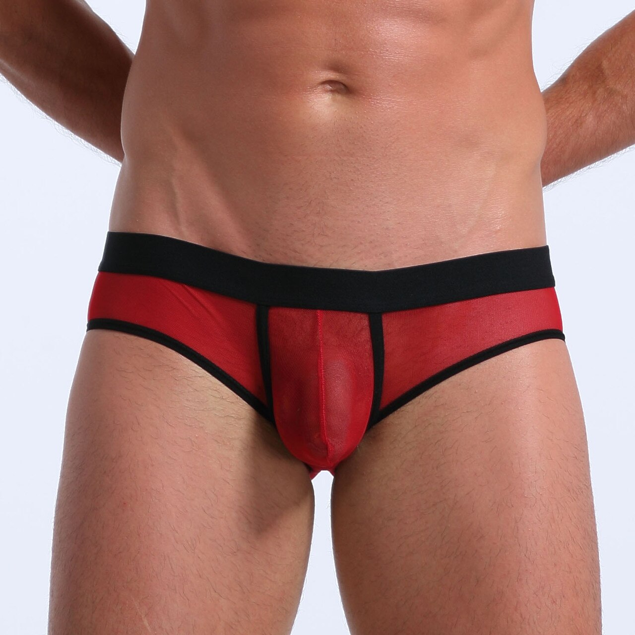 SALE - Mens Stretch Mesh Sheer Briefs with Pouch Front Red