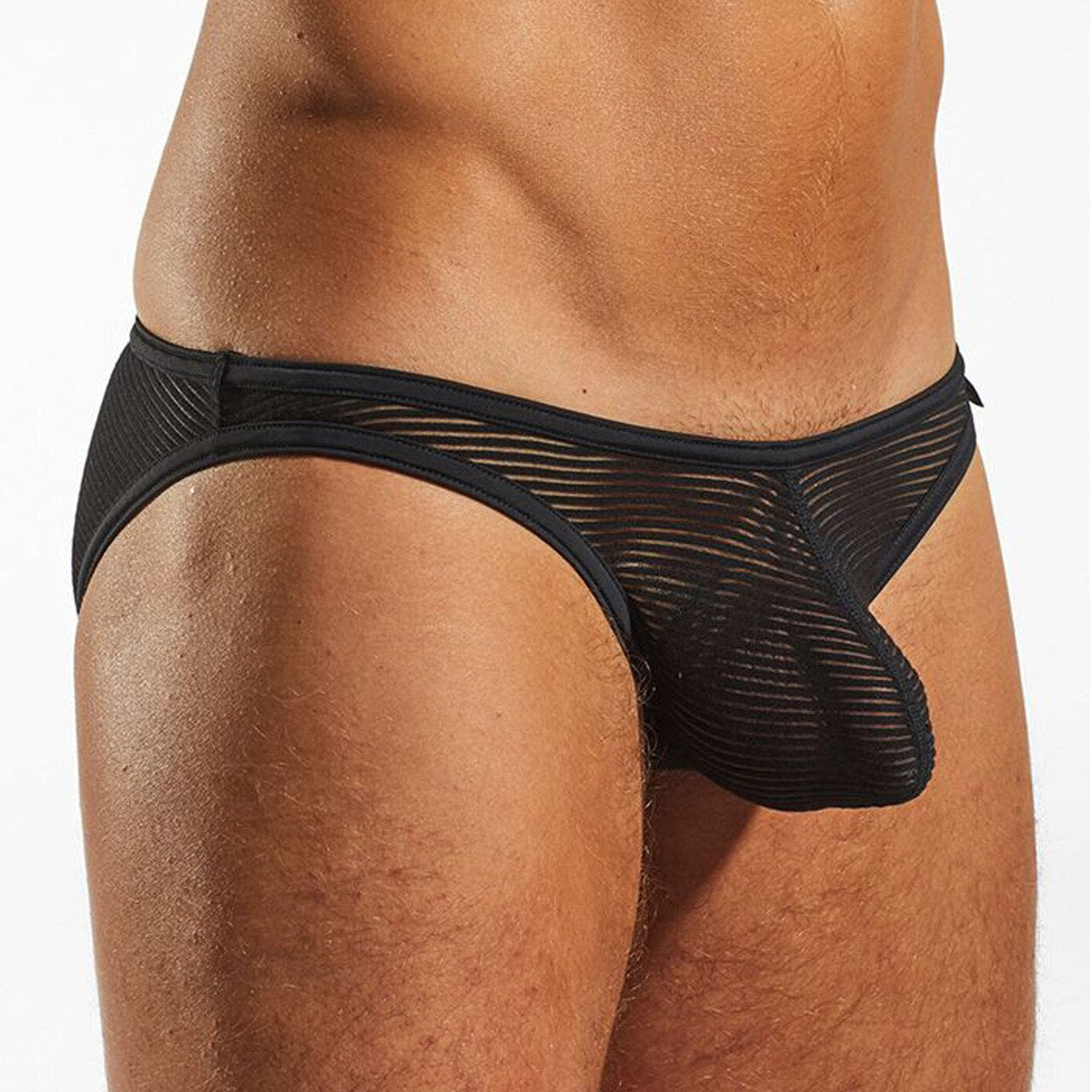 Mens Cocksox Sheer Multi Striped Brief Eros Black