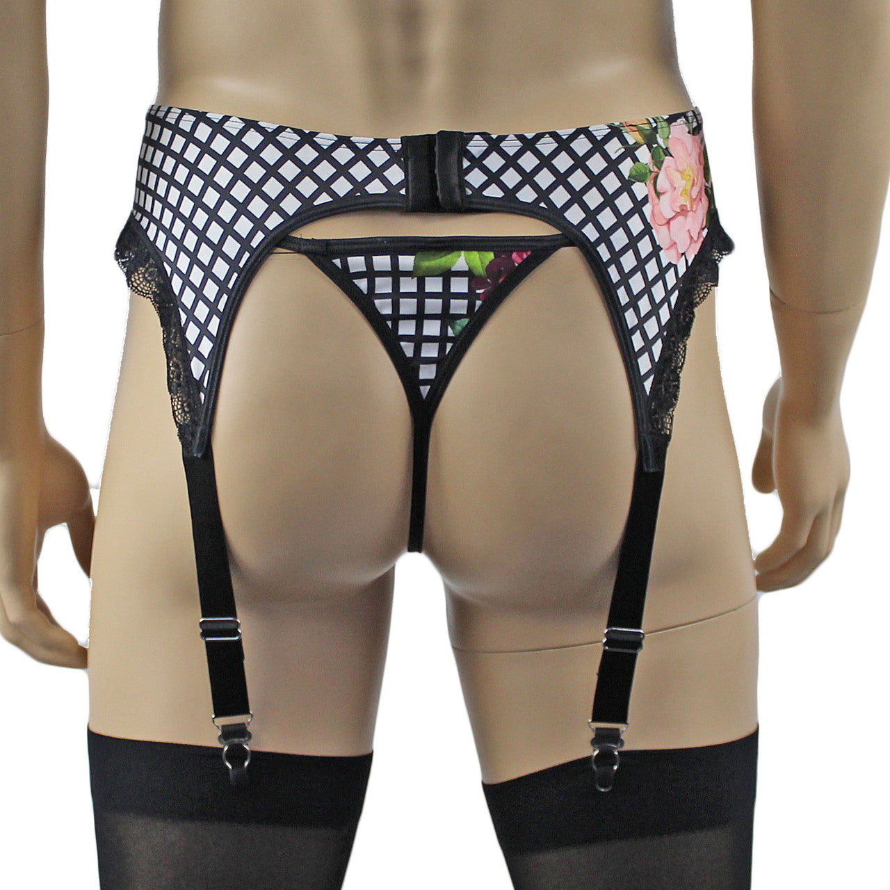 Mens Diana Garterbelt & G string Pouch in our Flower Checkered Print Spandex