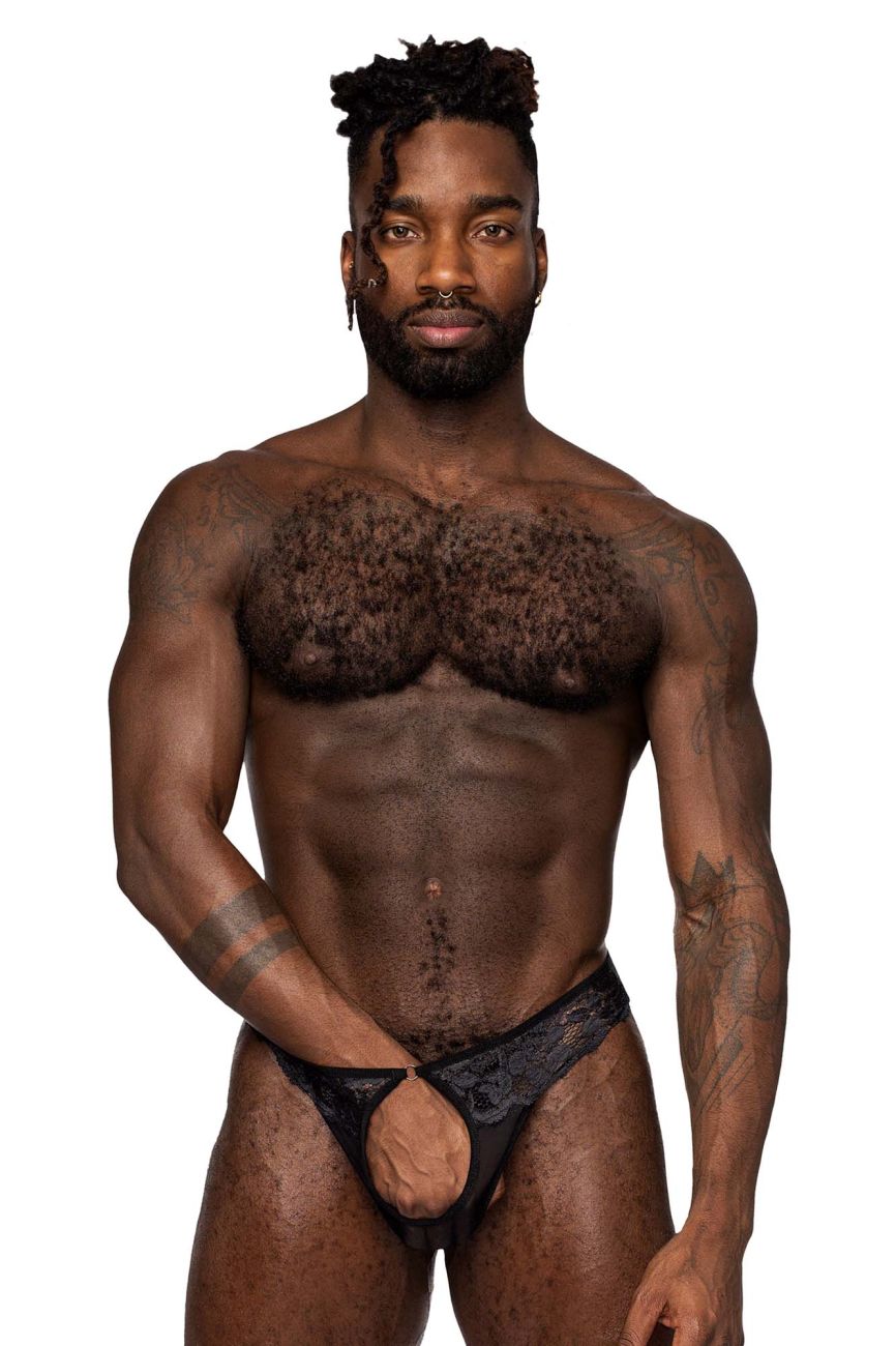 Male Power 409-280 Sassy Lace Open Ring Thong Black