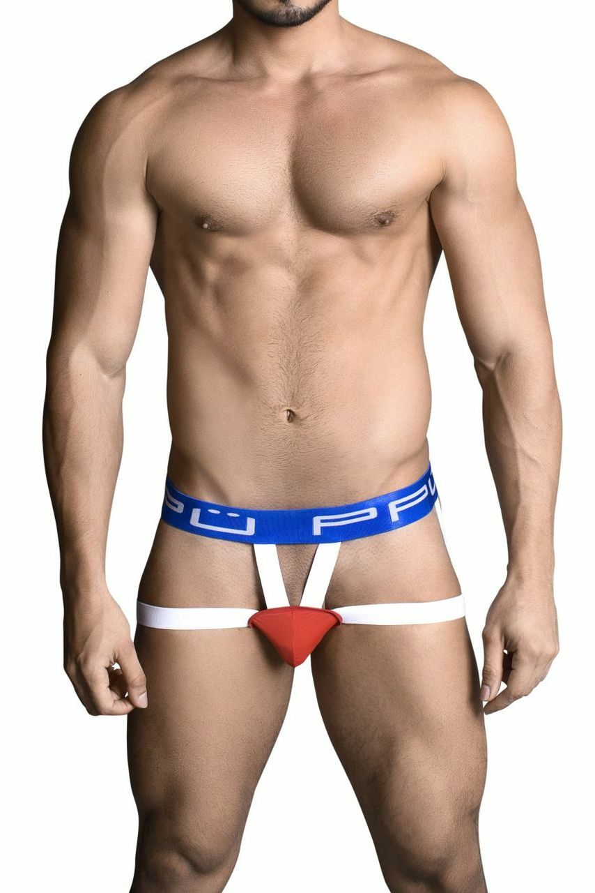 Male PPU Jockstrap with Peep Hole Front Red and Blue