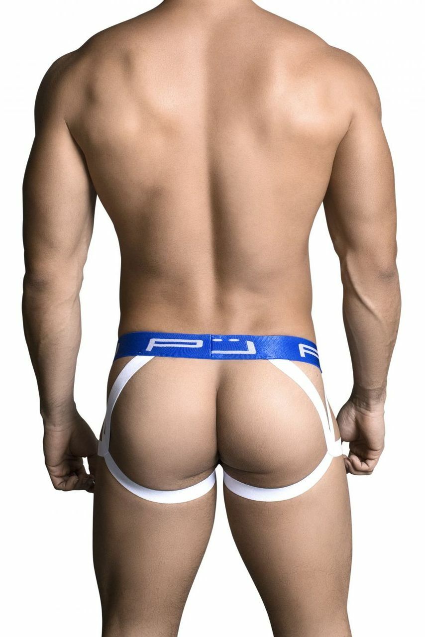 Male PPU Jockstrap with Peep Hole Front Red and Blue