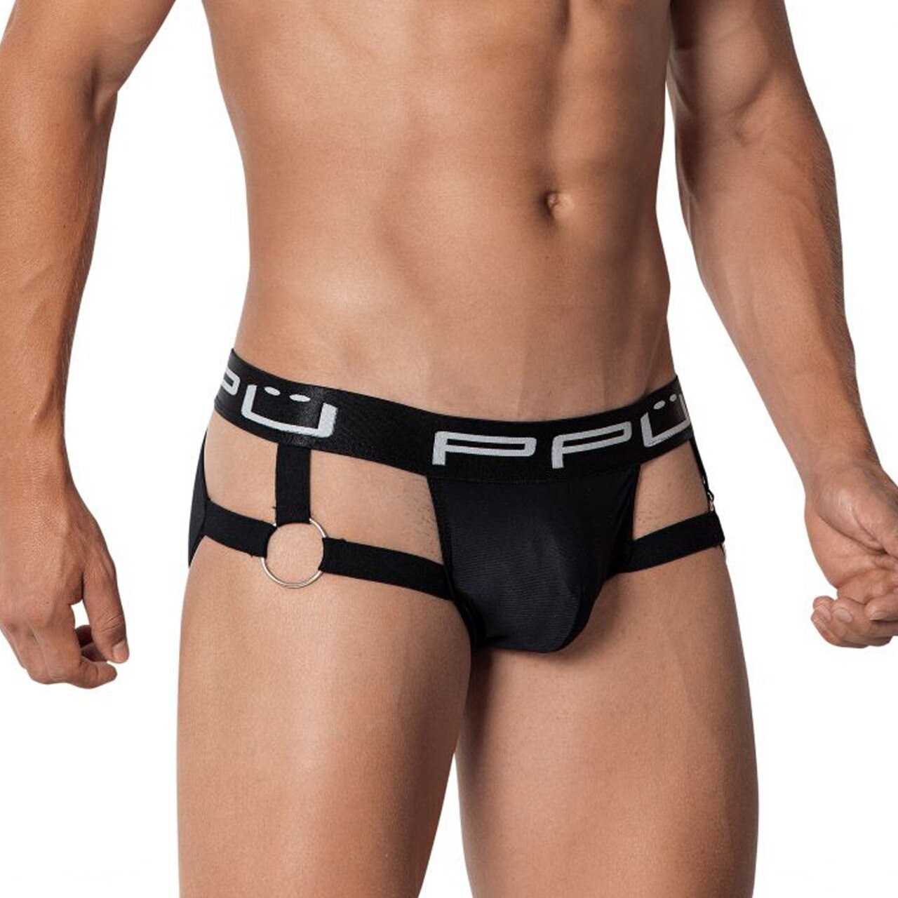 Mens PPU Underwear Strap Jock Strap with Metal Rings Black