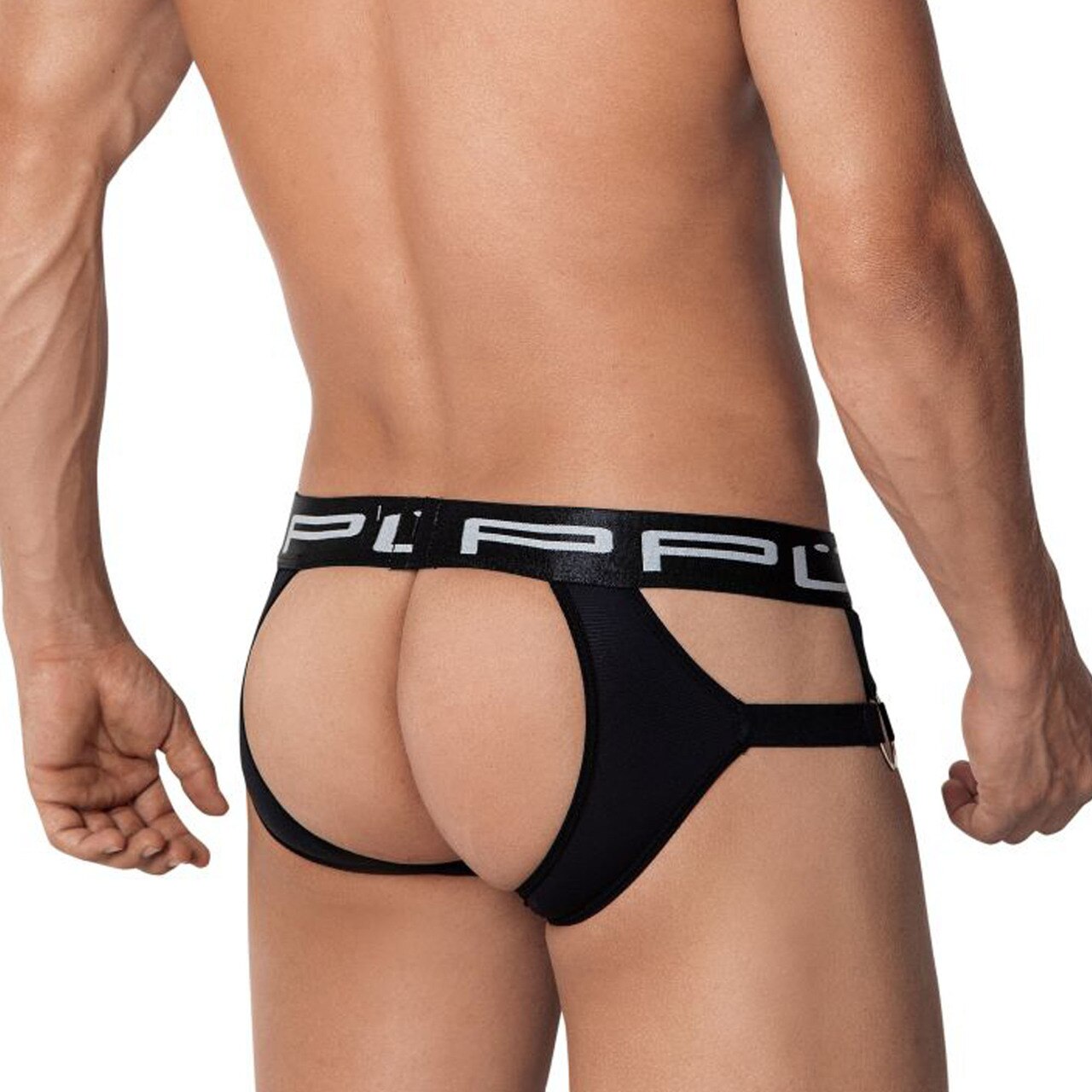 Mens PPU Underwear Strap Jock Strap with Metal Rings Black