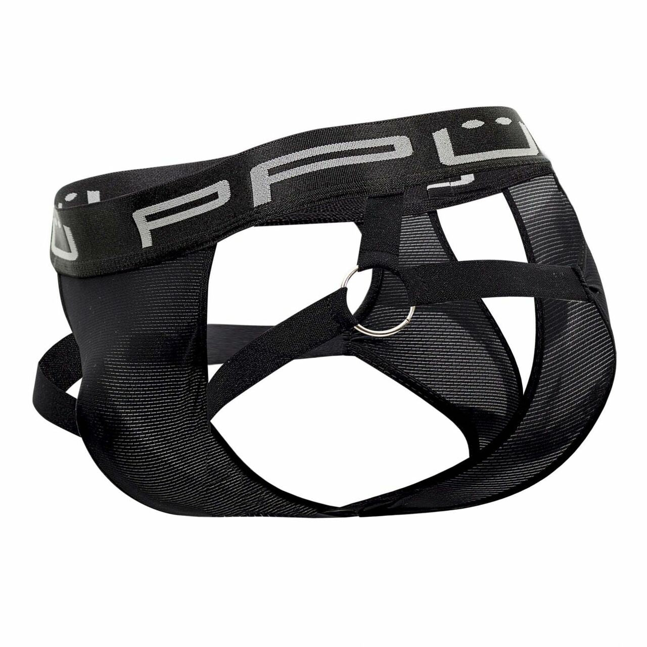 Mens PPU Underwear Strap Jock Strap with Metal Rings Black