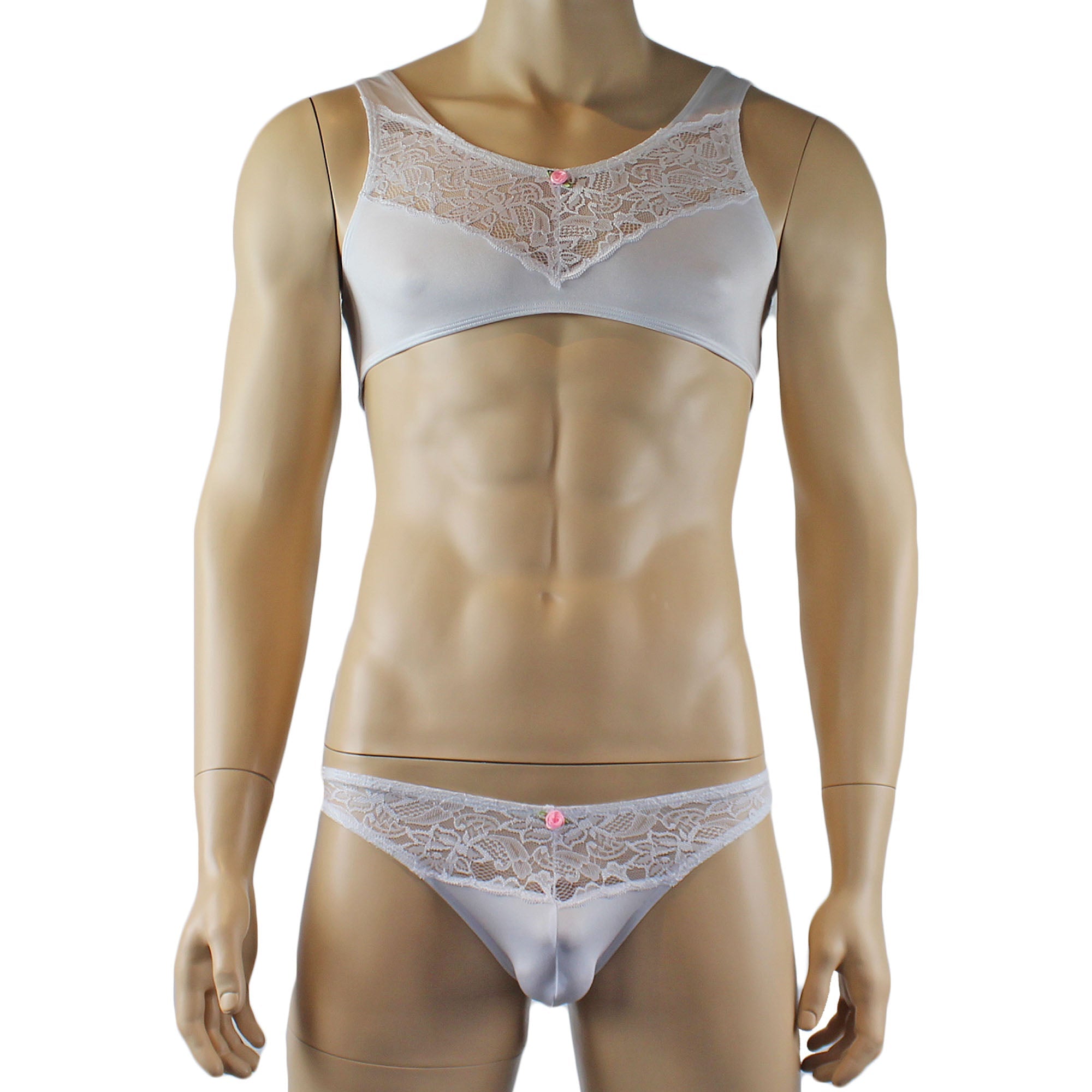 Male Penny Lingerie Bra Top with V Lace front and Capri Bikini White