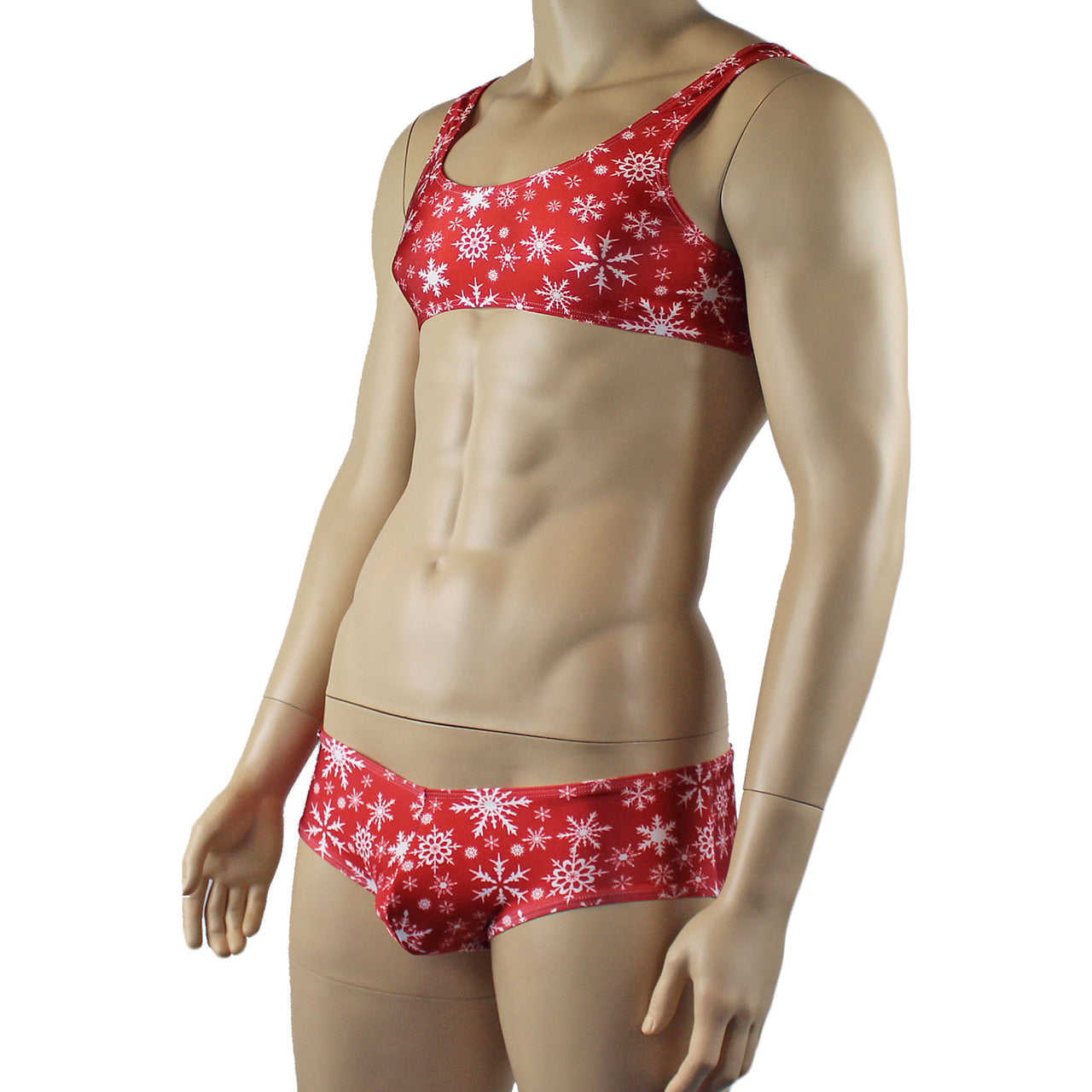 Mens Lingerie Snowflake Bra Top & Low Rise Boxer Brief Red and White